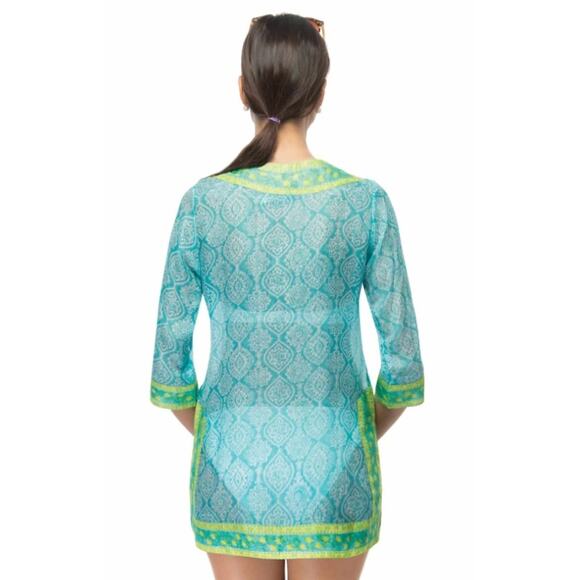Gretchen Scott Turquoise Lime 3/4 Sleeve Easy Breezy Silk Tunic Womens Large - Picture 2 of 8